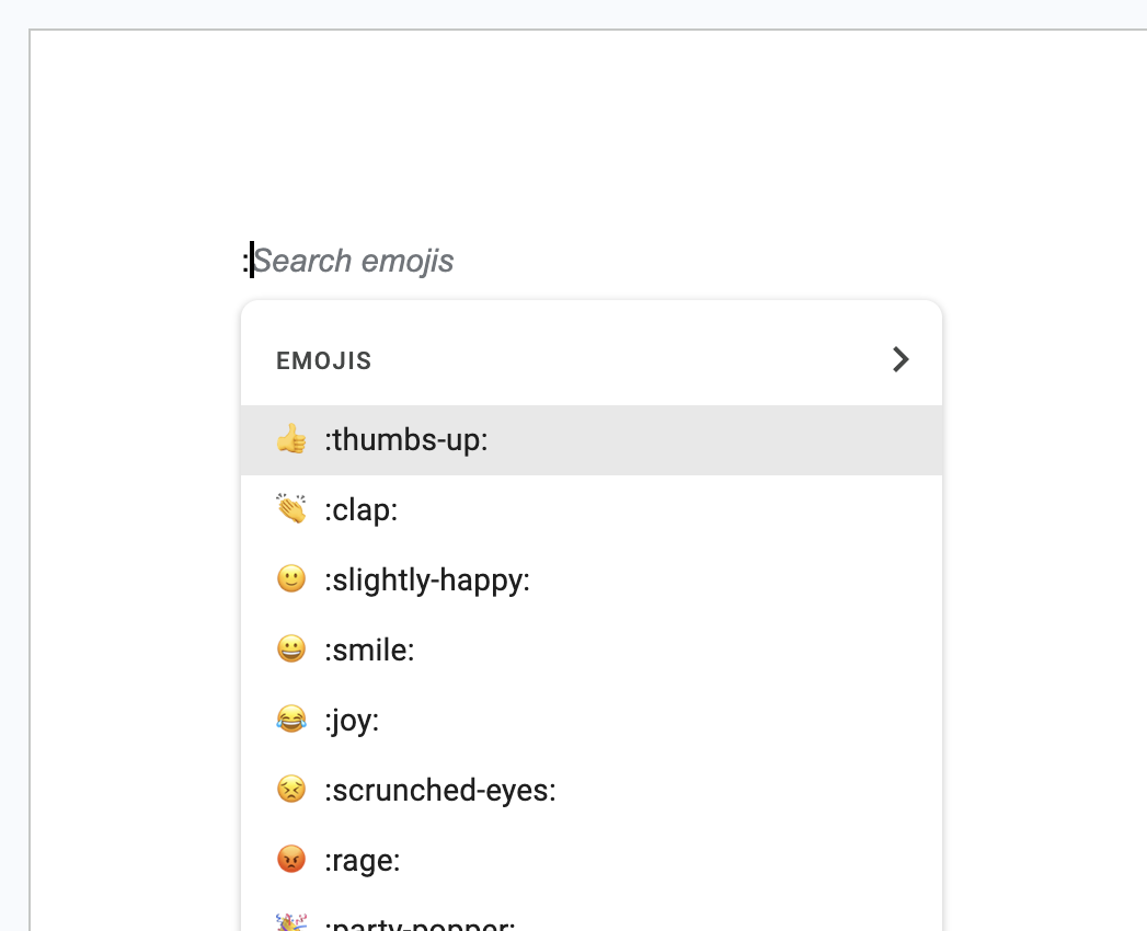 Typing a colon in a Google Doc shows a Search emojis prompt and a list of suggestions such as :thumbs-up:, :clap:, and :smile:.