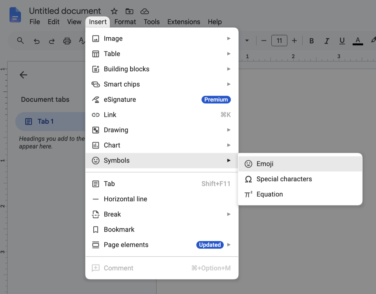 The Google Docs Insert menu open at Symbols, with Emoji, Special characters, and Equation in the submenu.
