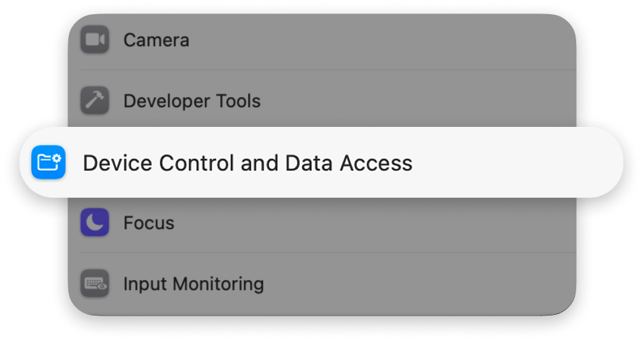 Device Control and Data Access highlighted in macOS System Settings